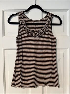 LOFT Black and Beige Striped Ruffled Scoop Tank